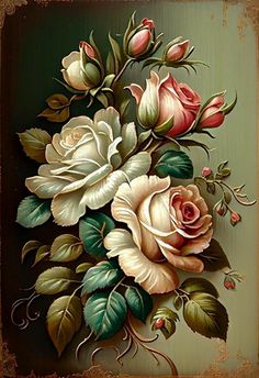 a painting of roses with green leaves on a brown and green background, in an old - fashioned frame