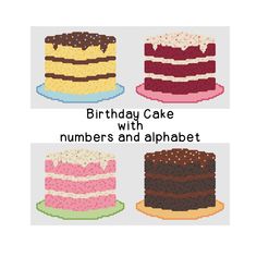 cross stitch birthday cake with numbers and alphabet written on the front, in three different colors