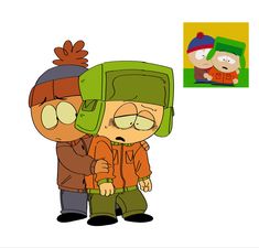 an animated image of two people standing next to each other, one is wearing a green hat