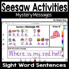 a poster with words and pictures on it that say, see saw activities mystery messages where is my red hat?