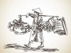 a man carrying food in baskets on his shoulder and walking down the street, hand drawn