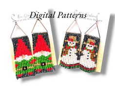 two christmas themed beaded earrings hanging from strings with the words digital patterns on them