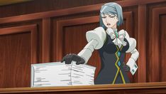 an anime character standing in front of a wooden paneled wall holding papers and looking at the camera