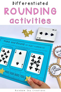 a hand holding a match card with the words, differentiated rounding activities and matching numbers