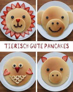 four pictures of pancakes made to look like animals and the words animal pancakes on them