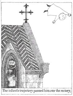 a drawing of a man flying over a building with a cross above it and the caption, the infant's trajectory passed him over the recovery