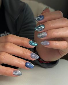 Short Nails With Gems, Short Almond Nails Designs, Blue Short Nails, Nails With Gems, Multicolored Nails, Short Almond Nails, Short Almond, Glow Nails, Pretty Gel Nails