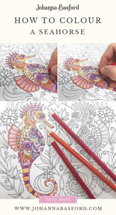 the instructions for how to color a seahorse with colored pencils and watercoloring paper