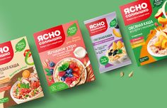 three packets of cereal are shown on a green and red background with the same product