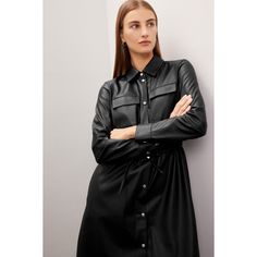 Black faux leather (100% Polyester). A-line. Long sleeve. Collar. Front button closure. 39" from shoulder to hemline. Imported. Leather Midi Dress For Work, Black Button-up Business Dress, Chic Leather Midi Dress For Workwear, Leather Midi Dress For Fall, Black Leather Office Dress, Black Leather Dresses For Office, Fall A-line Shirt Dress For Party, Spring Leather Workwear Dress, Chic Business Shirt Dress For Fall