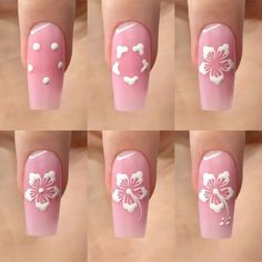 Nail Art Designs Hibiscus, Nails Acrylic Drawing, Very Easy Nail Designs For Beginners, Pink White Nail Art, Flower Drawing Nail Art, Easy Nail Designs Step By Step, Flower Drawing Nails, Special Nail Design, Nail Ideas For Summer Simple