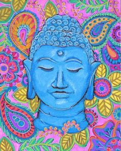 a painting of a blue buddha head surrounded by flowers