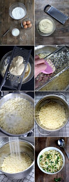 four pictures showing how to make macaroni and cheese