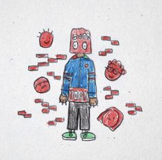 a drawing of a person wearing a blue jacket and green shoes, surrounded by red objects