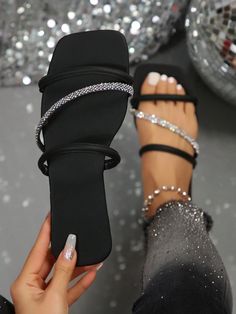 Summer New Arrival Fairy Style Diamond Decor Open Toe Flat Sandals For Women, Slip-On Black Fashionable    Plain,All Over Print Slides   Women Shoes, size features are:Bust: ,Length: ,Sleeve Length: Square Shoes, Women Flat Sandals, Diamond Decorations, Style Français, Rhinestone Flats, Women Slides, Rhinestone Shoes, Designer Slippers, Rhinestone Bow