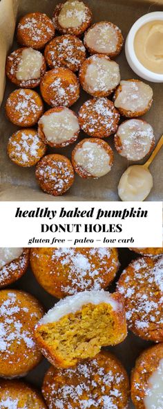 healthy baked pumpkin donut holes with powdered sugar on top and cinnamon in the middle