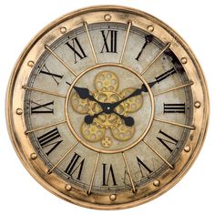 Yosemite Home Decor Gilded Round Gear Clock 5140040-YHD Kirklands Clocks, Vintage Watch Clock, Wall Clocks Gold, Antique Gold Wall Clock, Gold Clock Wallpaper, Clock Hardware, Gold Wall Clock, Old Clock, Gear Wall Clock