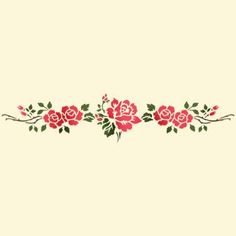 a red rose border with green leaves and flowers on the side of a white wall