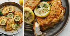 two pictures side by side, one with chicken and the other with lemons on it