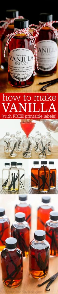 several jars filled with liquid sitting on top of a wooden table