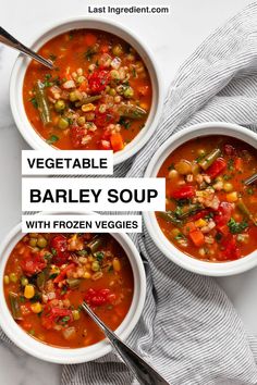 three bowls of vegetable barley soup with frozen veggies