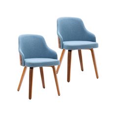 two blue upholstered chairs with wooden legs