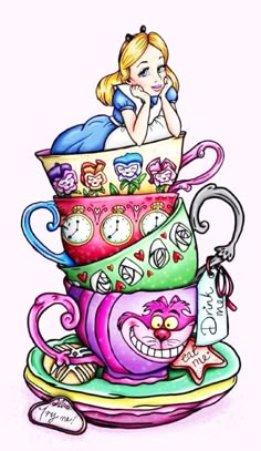 a drawing of a woman sitting on top of a stack of stacked teacups