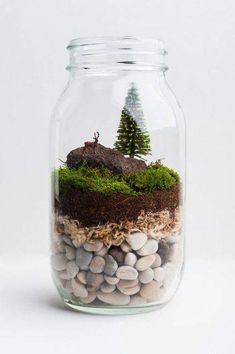 a glass jar filled with rocks and plants in the shape of a deer on top of a hill