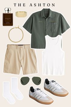 Men’s summer outfit perfect for vacation! #abercrombie #sambas #mensbracelet #menssunglasses #mensoutfits #mensshorts #mensshirts #menscologne Mens Abercrombie Outfits, Mens Vacation Outfits, Abercrombie Outfits, Vacation Outfits Men, Mens Streetwear Outfits, Streetwear Fashion Men, Abercrombie Men, Men Casual Summer