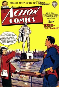 an old comic book cover with superman talking to two men