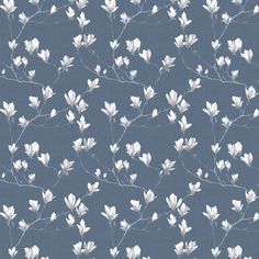 Magnolia Grove by Laura Ashley - Dusky Seaspray - Wallpaper : Wallpaper Direct Blue Wallpaper With White Flowers, Dusky Blue Wallpaper, Laura Ashley Wallpaper, Grey Floral Wallpaper, Wedding Wallpaper, American Foursquare, Blue Floral Wallpaper, Blue Background Wallpapers, Natural Wallpaper