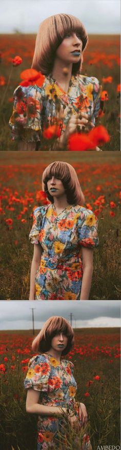 two pictures of a woman in a field with red flowers and one is holding her head