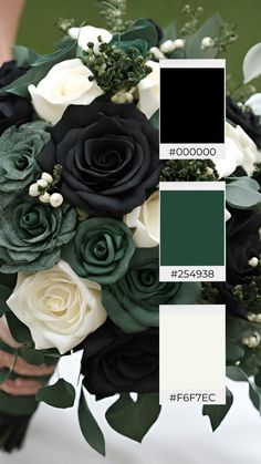 wedding bouquet with black and white roses, greenery and greens in shades of green