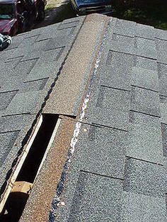 an open hole in the roof of a house that has been gutted with shingles