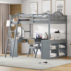 a loft bed with desk underneath and ladder to the top, in front of a window