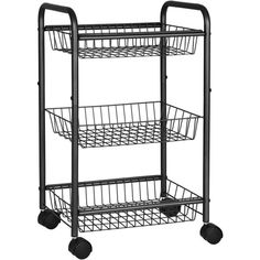 a metal cart with three baskets on it's sides and two wheels, one is black