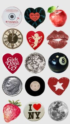 many different types of buttons and magnets in the shape of an apple, heart, dollar