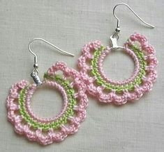 pink, green and white crocheted hoop earrings