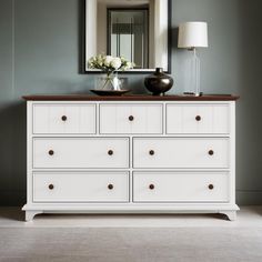 a white dresser with drawers and a mirror above it in a room that has gray walls