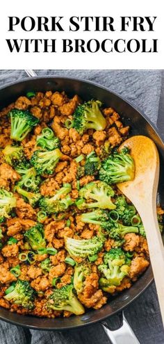 a skillet filled with meat and broccoli