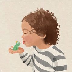 a painting of a child holding a green bird in her hand and looking at it's mouth