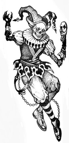 a black and white drawing of a clown with a skull on his arm, holding a chain