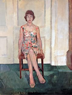 a painting of a woman sitting on a chair in front of an open door with her legs crossed