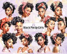 Gorgeous black and dark skinned retro pin up rockabilly girls. Various separate watercolor styled illustrations of Vintage, glamorous beauties with different hairstyles. Great to be used for shirts, prints, posters, stickers, greeting cards, decorations, print and digital designs, scrapbooking, patterns and any other arts and crafts and creative ideas you can come up with! 1950s Hairstyles For Black Women, Rosie The Riveter Photoshoot, Vintage Hairstyles With Scarf, Black Pinup Hairstyles, Pin Up Girl Photoshoots, Pin Up Girl Hairstyles For Black Women, Pin Up Black Women, Retro 1950s Fashion, Black Pinup Models