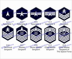 United States Space Force Enlisted Ranks,   .pdf .eps and .svg  *Digital Download Only*  Military Insignia Rank Space Force for Personal Home Use Only. Space Force Ranks, Space Uniform, Air Force Symbol, Special Forces Logo, United States Space Force, Heraldry Symbols, Family History Projects