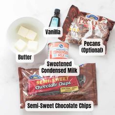 ingredients needed to make an ice cream bar recipe on a white surface with text overlay