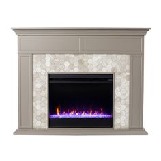 an electric fireplace with a white and blue fire in the center, on a white background