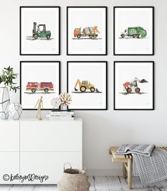 four framed pictures hang on the wall above a white dresser with a plant in it