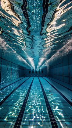 an underwater swimming pool with blue tiles and water