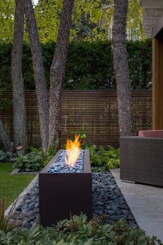 a fire pit in the middle of a garden